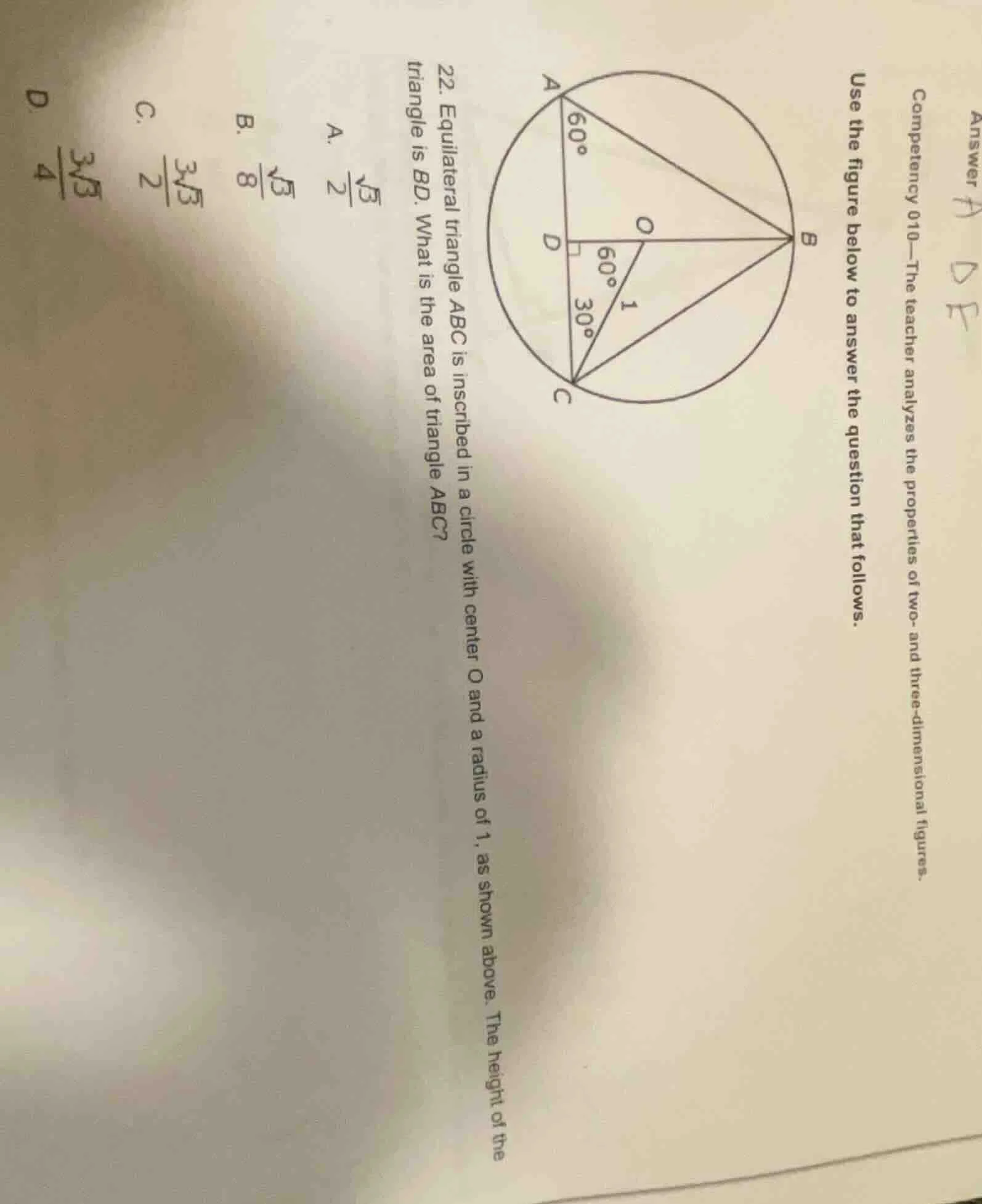 22. equilateral triangle abc is inscribed in a circle with center o and…