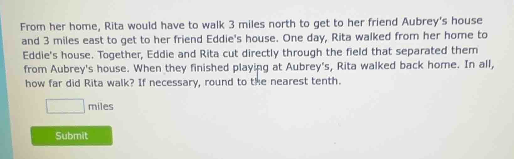 from her home, rita would have to walk 3 miles north to get to her frie…