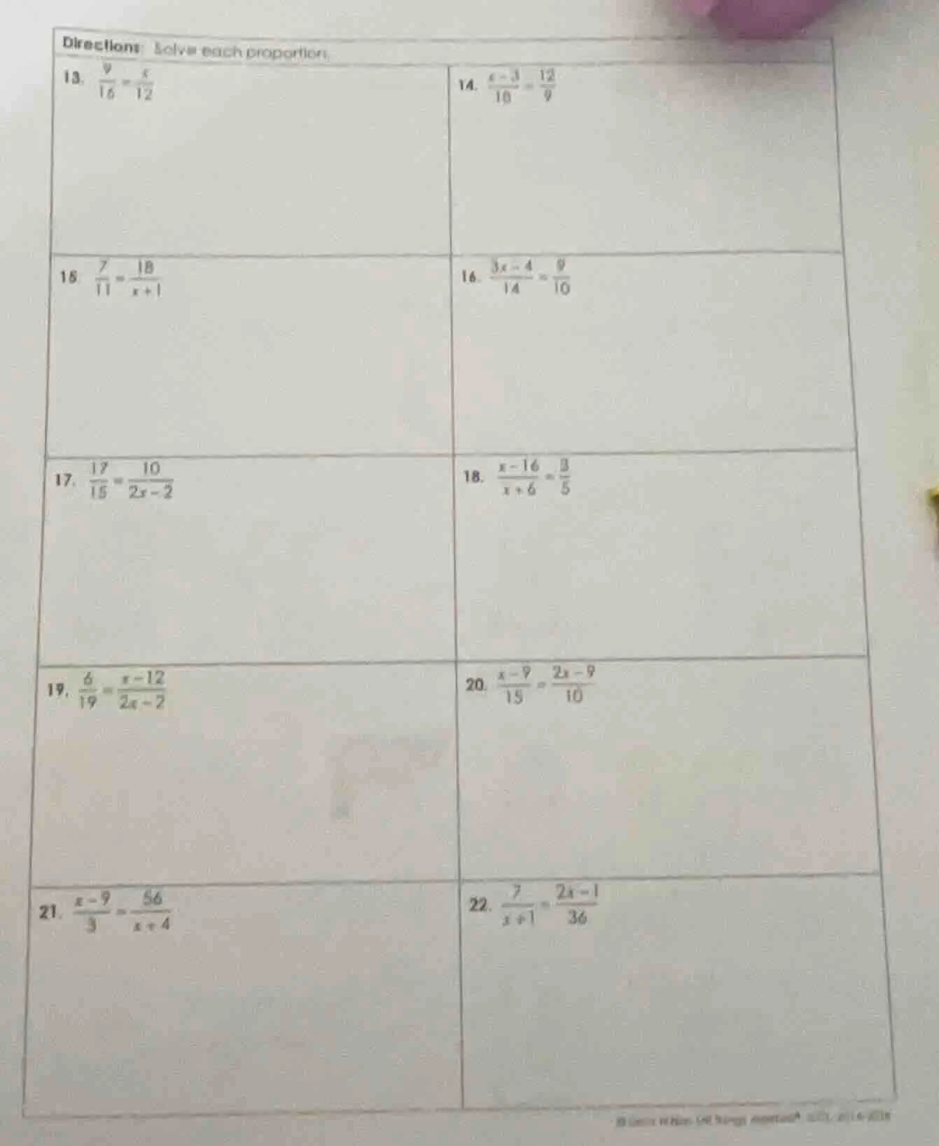 directions: solve each proportion. 13. \\(\\frac{9}{16} = \\frac{x}{12}…