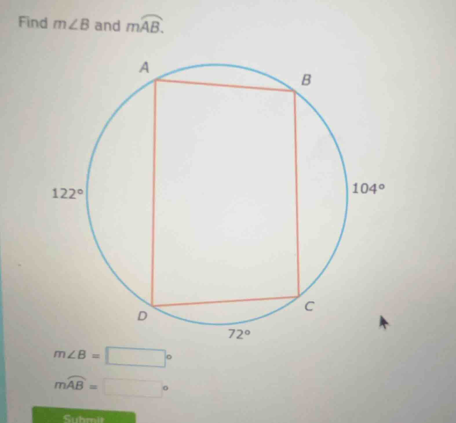 find ( mangle b ) and ( moverarc{ab} ). ( mangle b = square^circ ) ( mo…