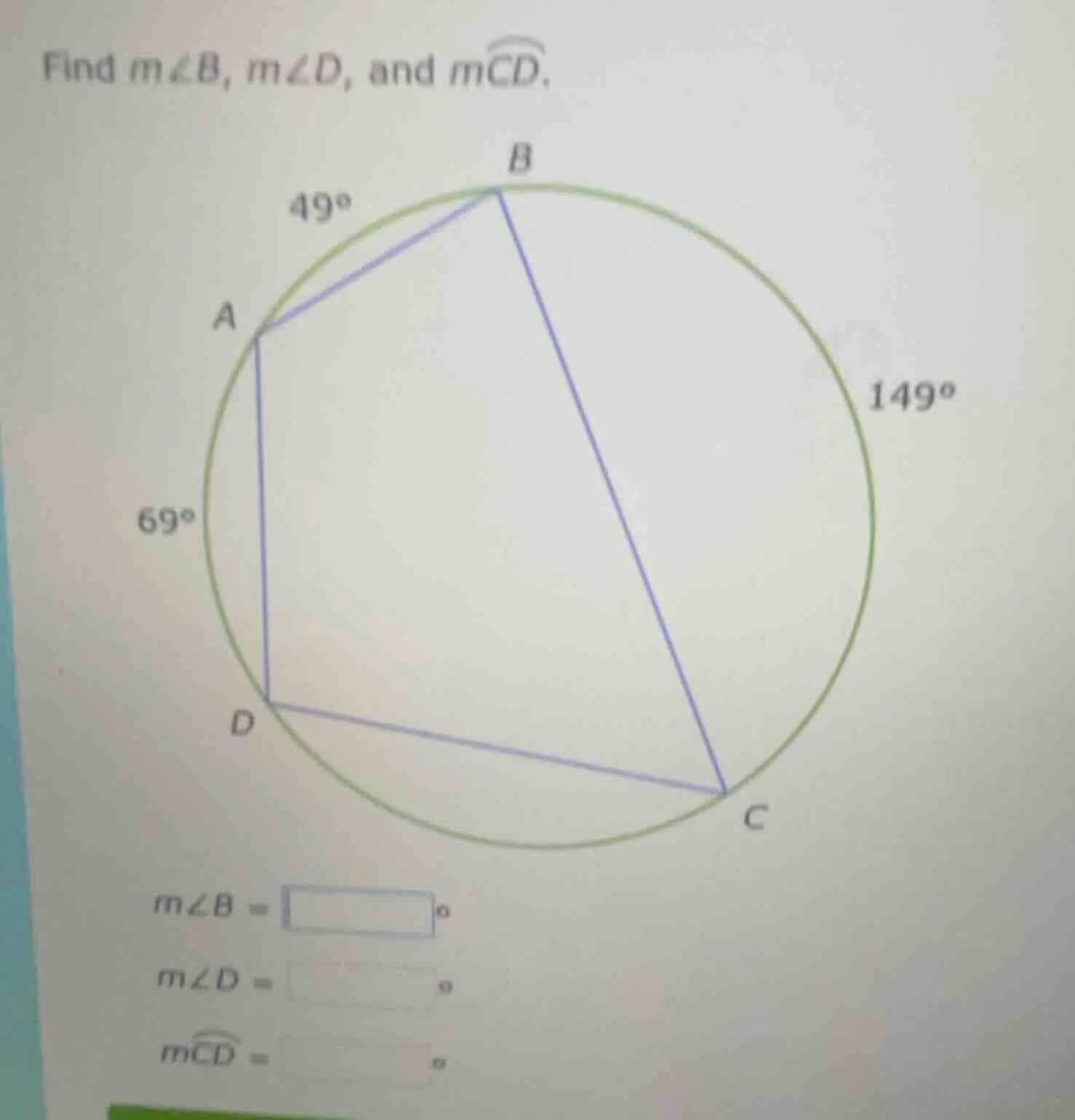 find ( mangle b ), ( mangle d ), and ( moverarc{cd} ).