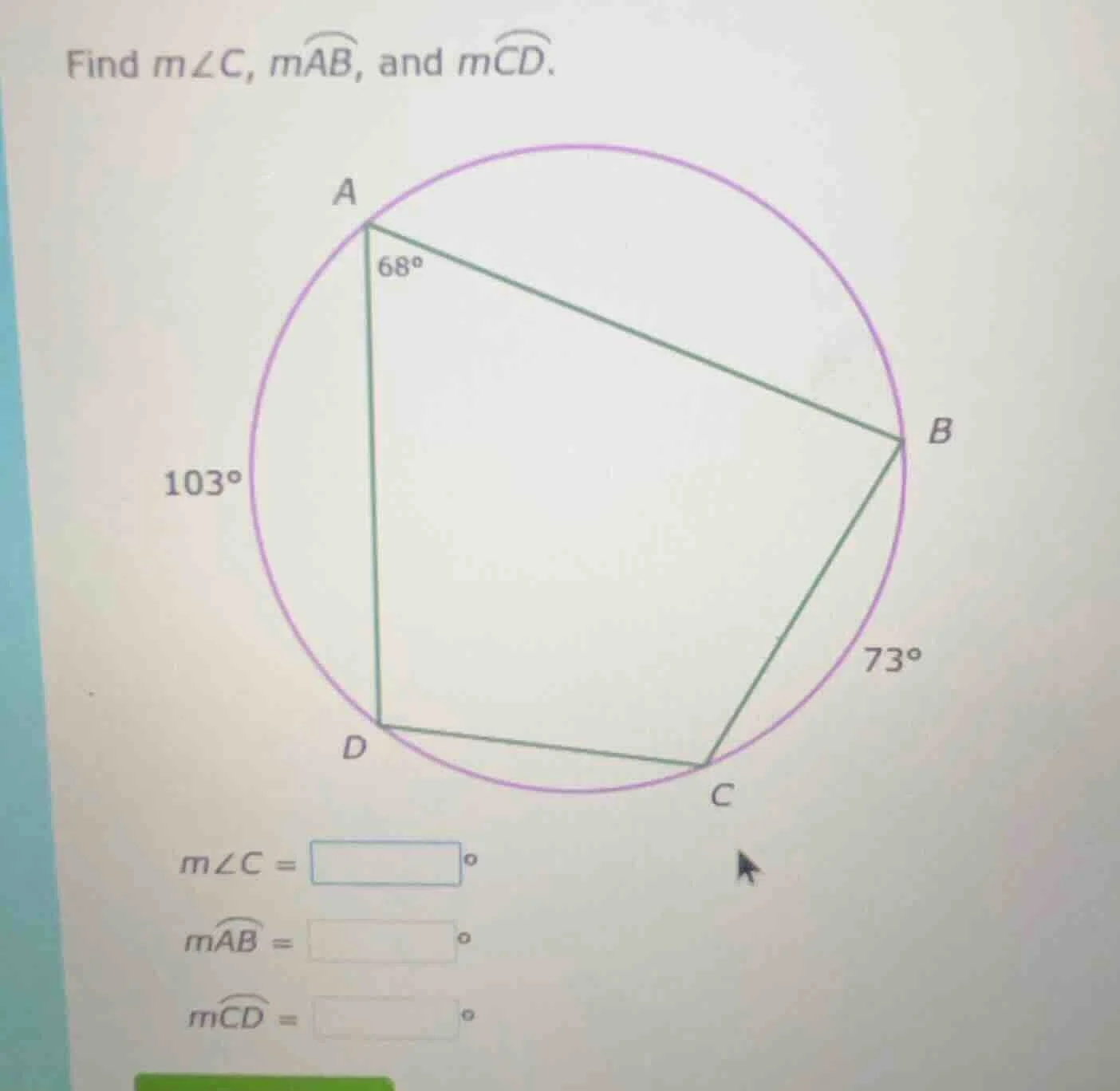 find ( mangle c ), ( moverarc{ab} ), and ( moverarc{cd} ).