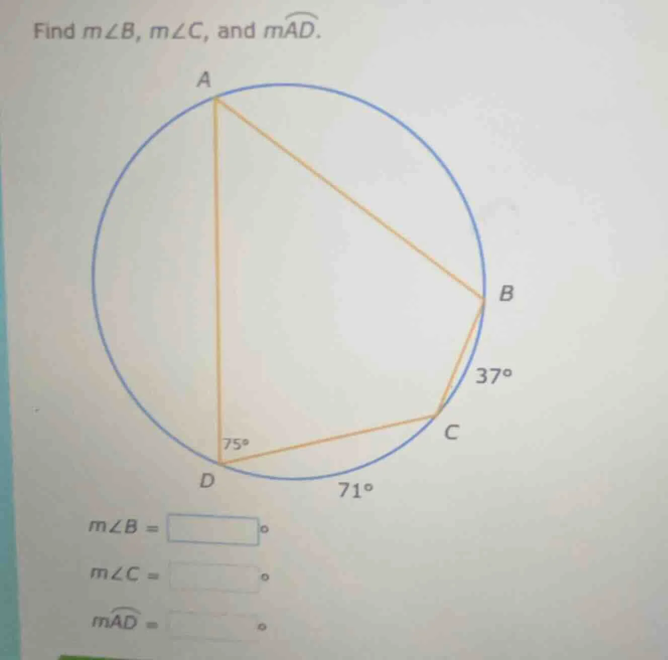 find ( mangle b ), ( mangle c ), and ( moverarc{ad} ).