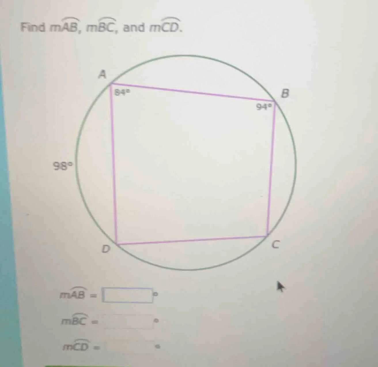 find ( moverarc{ab} ), ( moverarc{bc} ), and ( moverarc{cd} ).