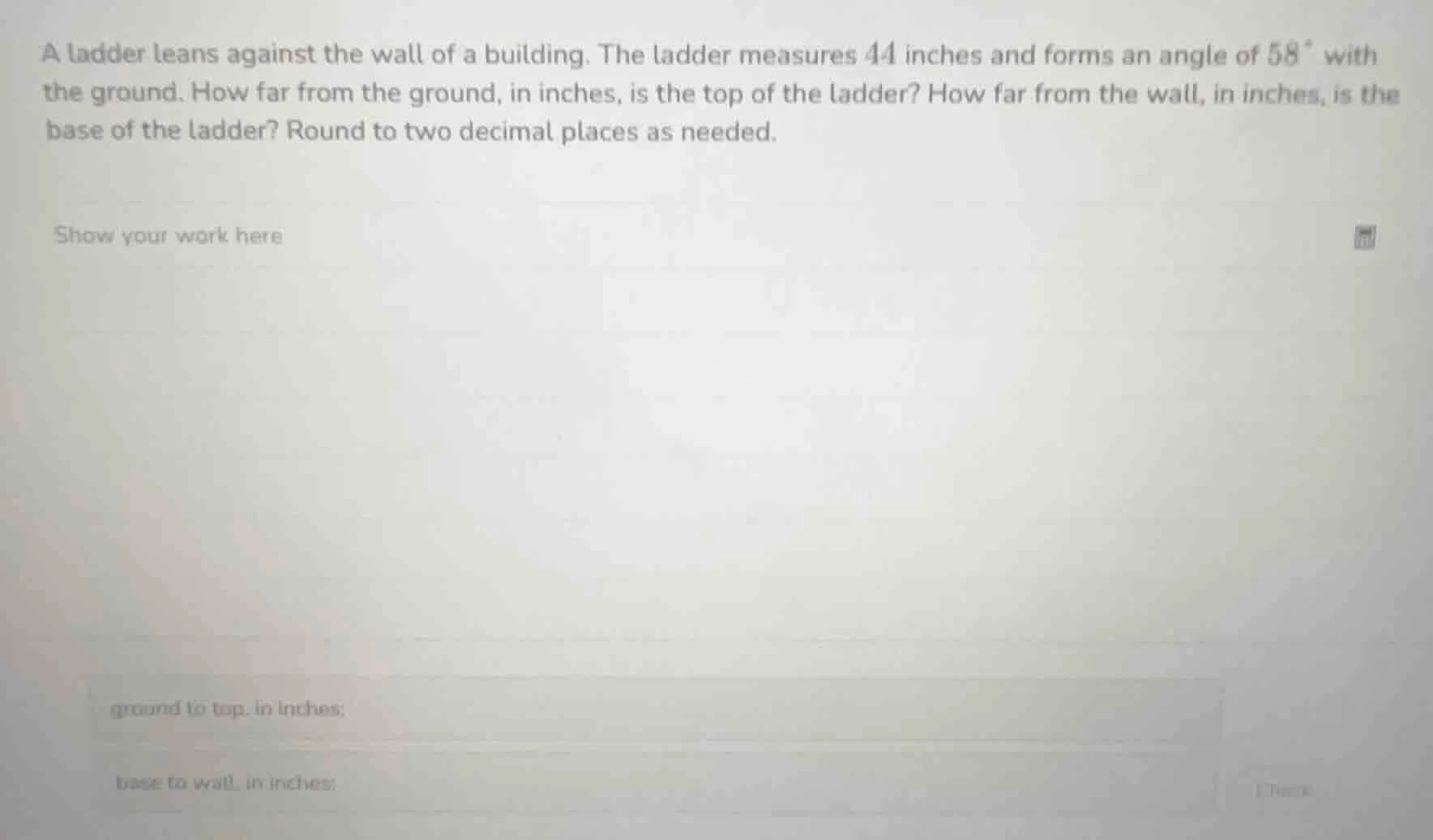 a ladder leans against the wall of a building. the ladder measures 44 i…