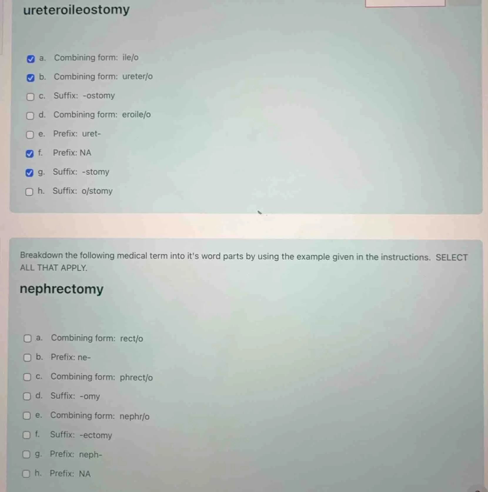 ureteroileostomy a. combining form: ile/o b. combining form: ureter/o c…