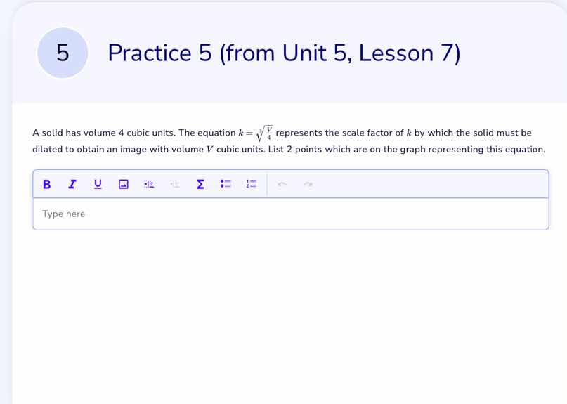 a solid has volume 4 cubic units. the equation ( k = sqrt3{\frac{v}{4}}…