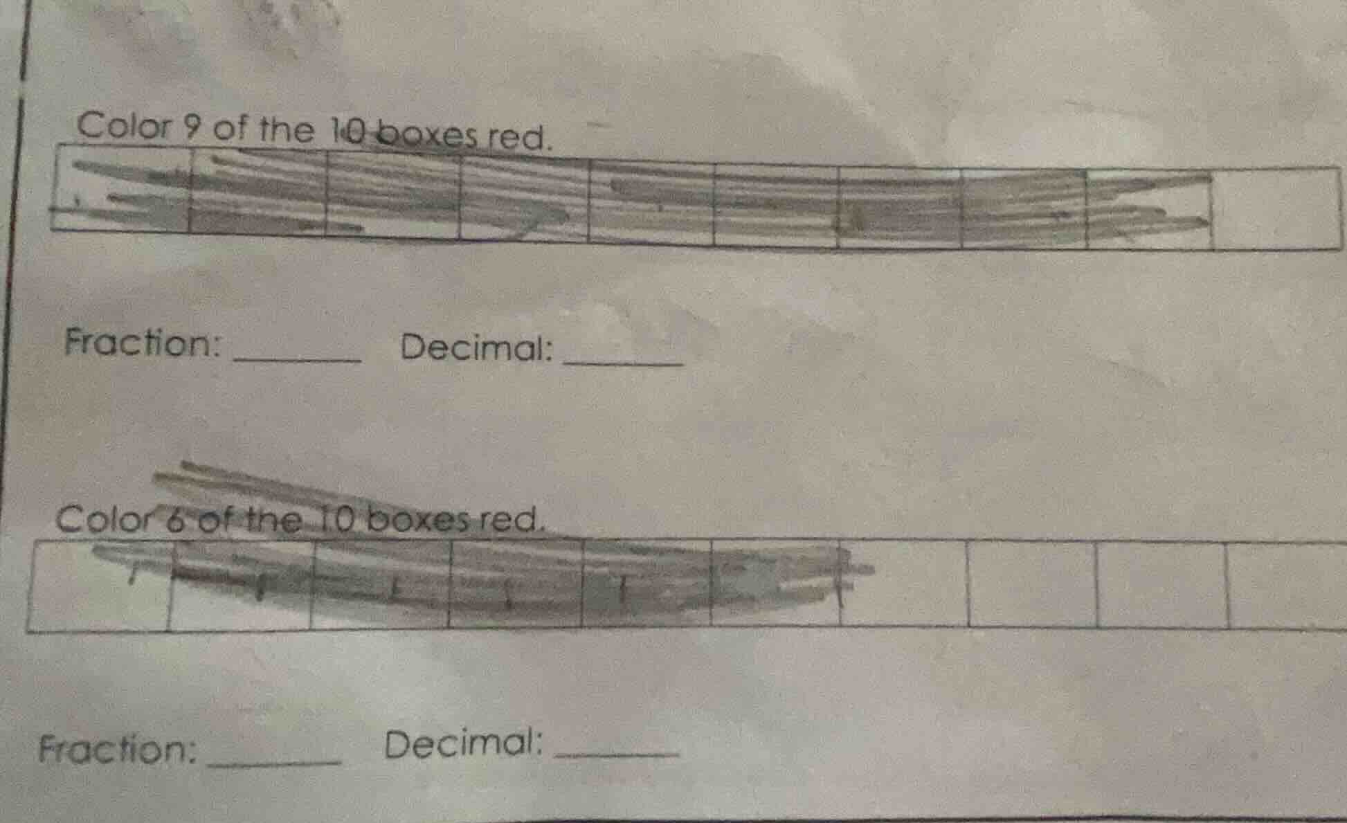 color 9 of the 10 boxes red. fraction: ______ decimal: ______ color 6 o…