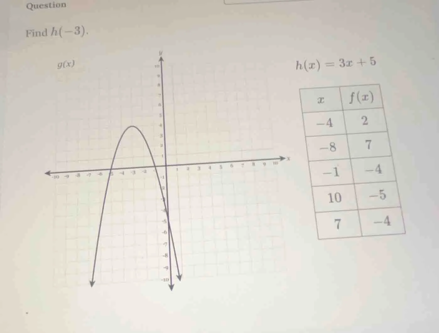 question find ( h(-3) ). ( h(x) = 3x + 5 )