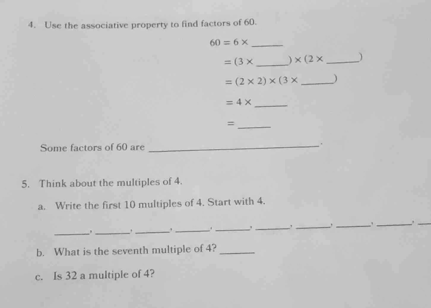 4. use the associative property to find factors of 60. $60 = 6 × \\unde…
