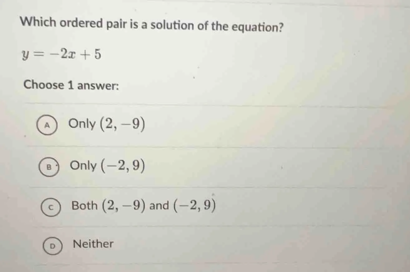 which ordered pair is a solution of the equation? y = -2x + 5 choose 1 …
