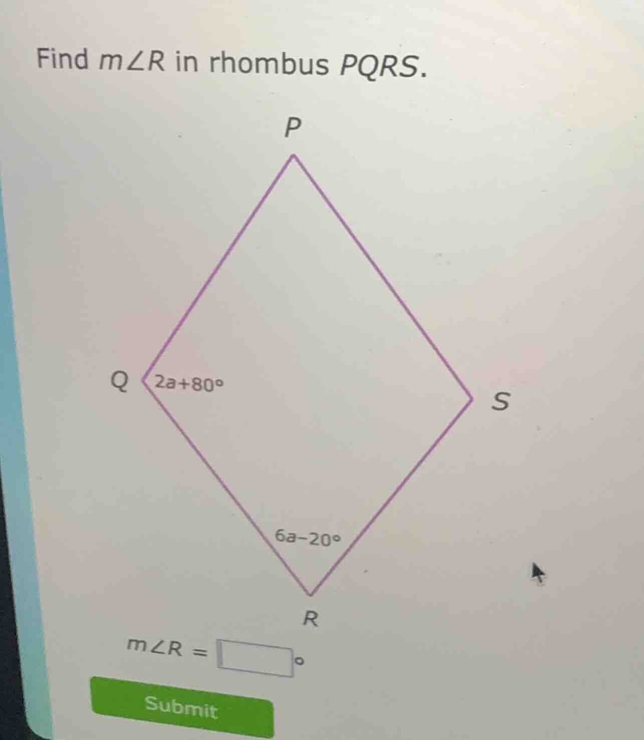 find ( mangle r ) in rhombus ( pqrs ). ( mangle r = square^circ )