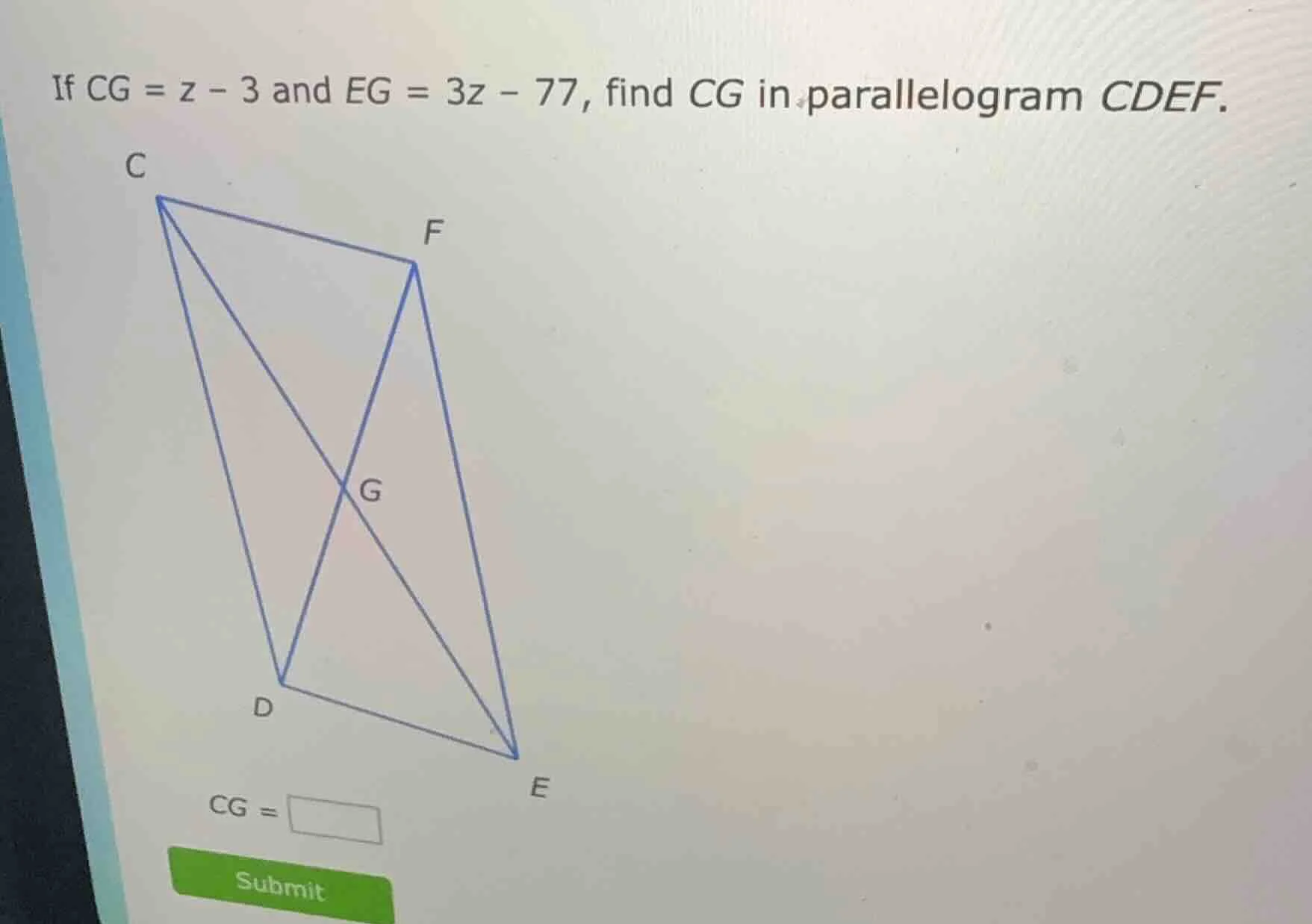 if cg = z - 3 and eg = 3z - 77, find cg in parallelogram cdef.