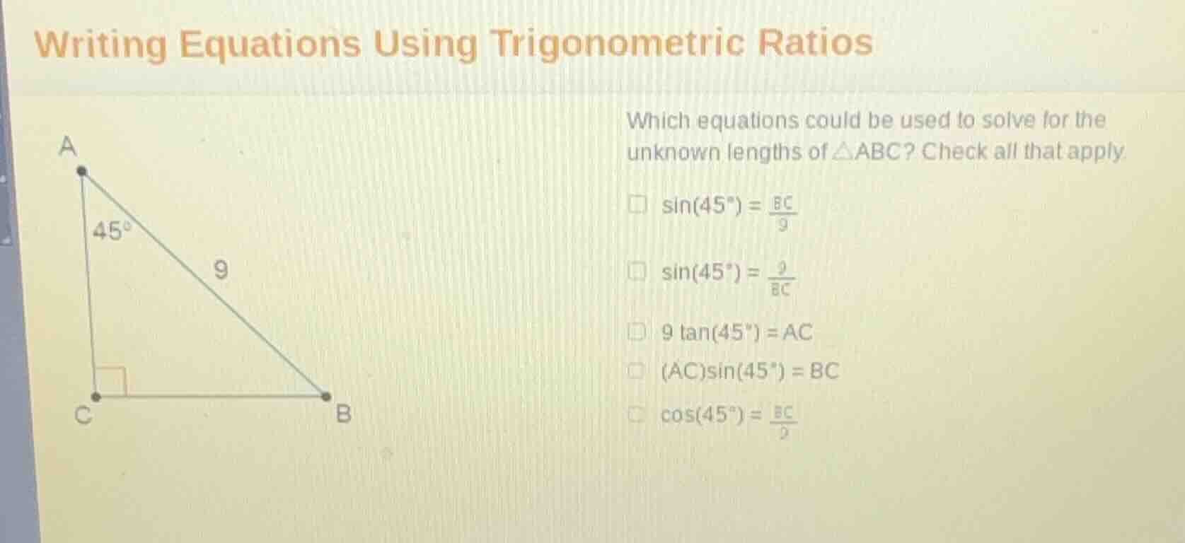 writing equations using trigonometric ratios which equations could be u…