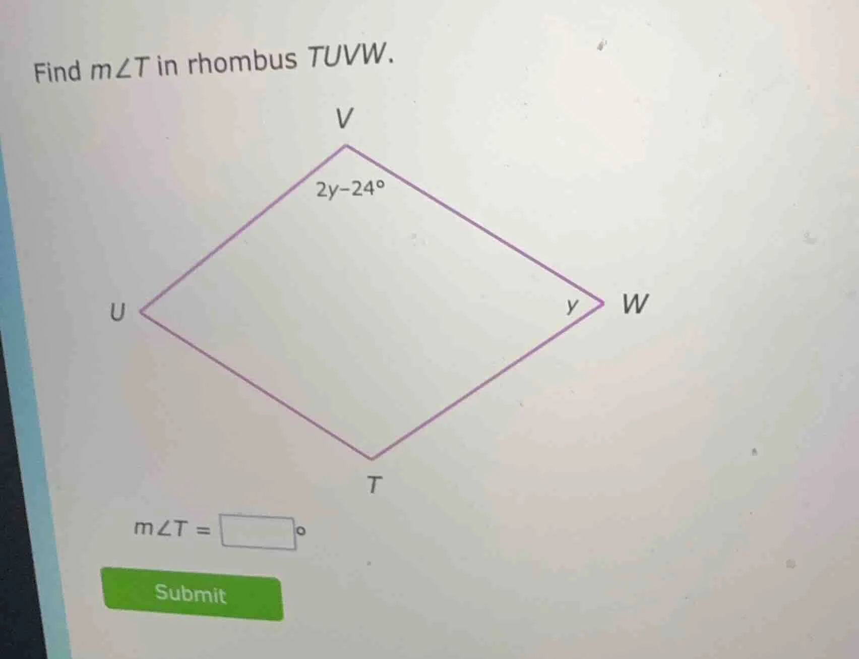 find ( mangle t ) in rhombus ( tuvw ). ( mangle t = square^circ )