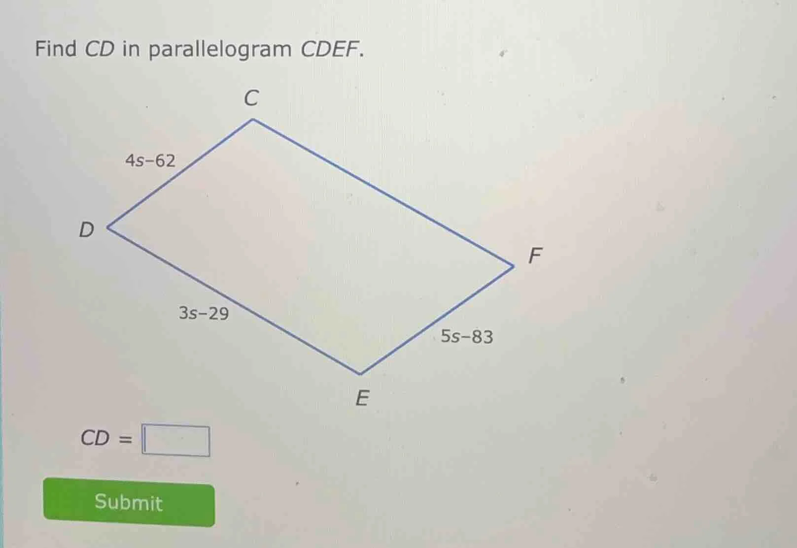 find cd in parallelogram cdef. cd = submit