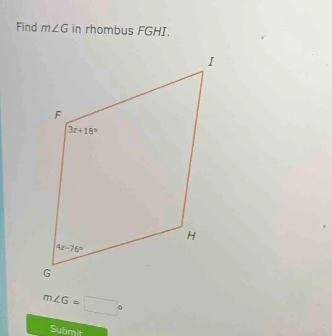 find ( mangle g ) in rhombus ( fghi ). ( mangle g = square^circ )