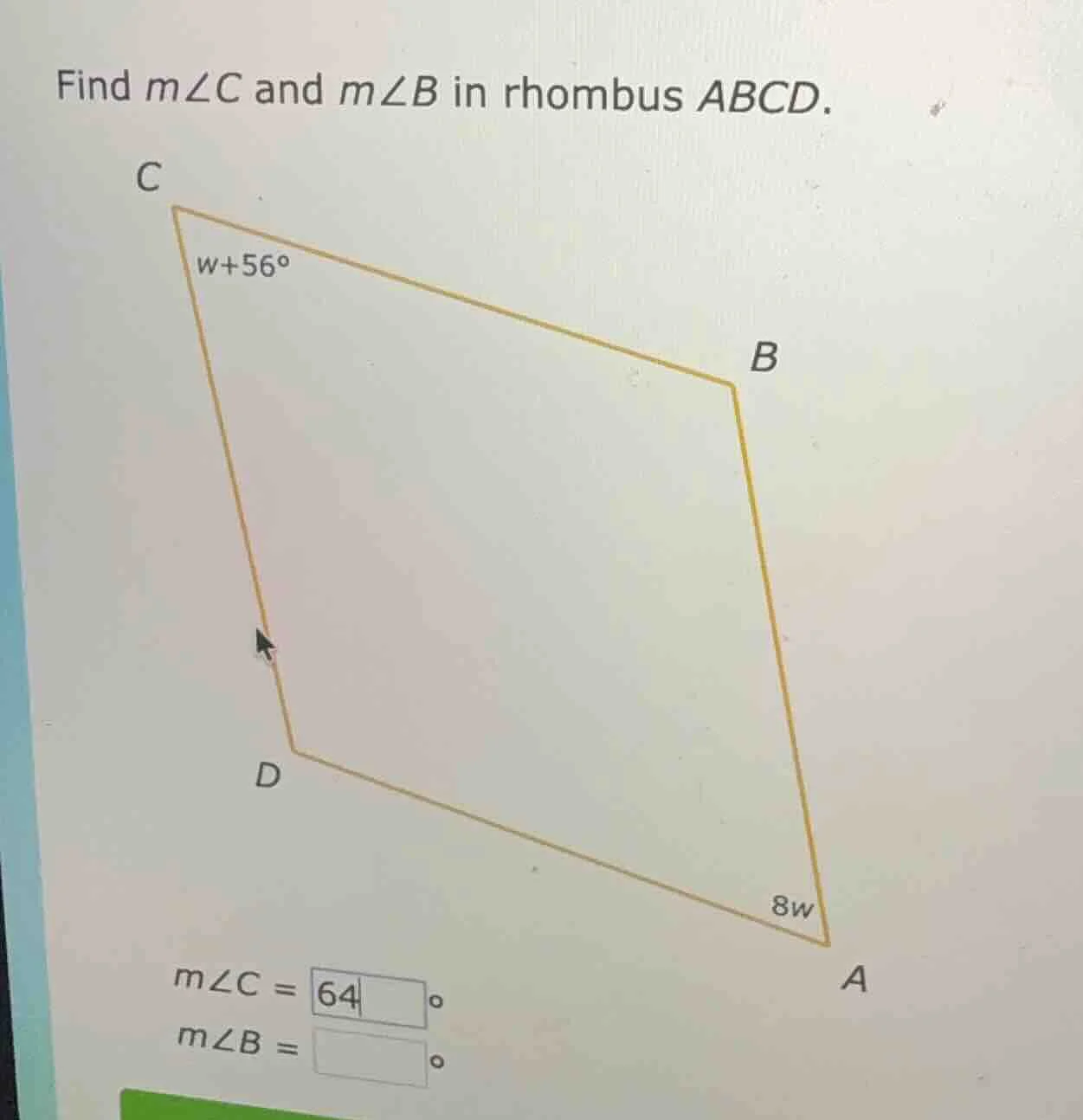 find ( mangle c ) and ( mangle b ) in rhombus ( abcd ). ( mangle c = \b…