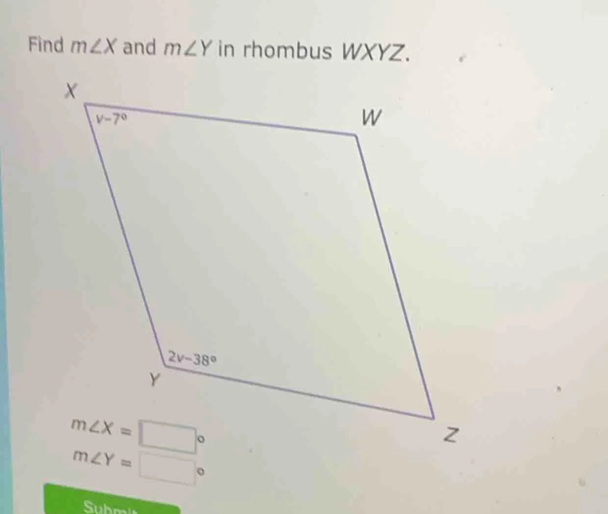 find ( mangle x ) and ( mangle y ) in rhombus ( wxyz ). ( mangle x = sq…