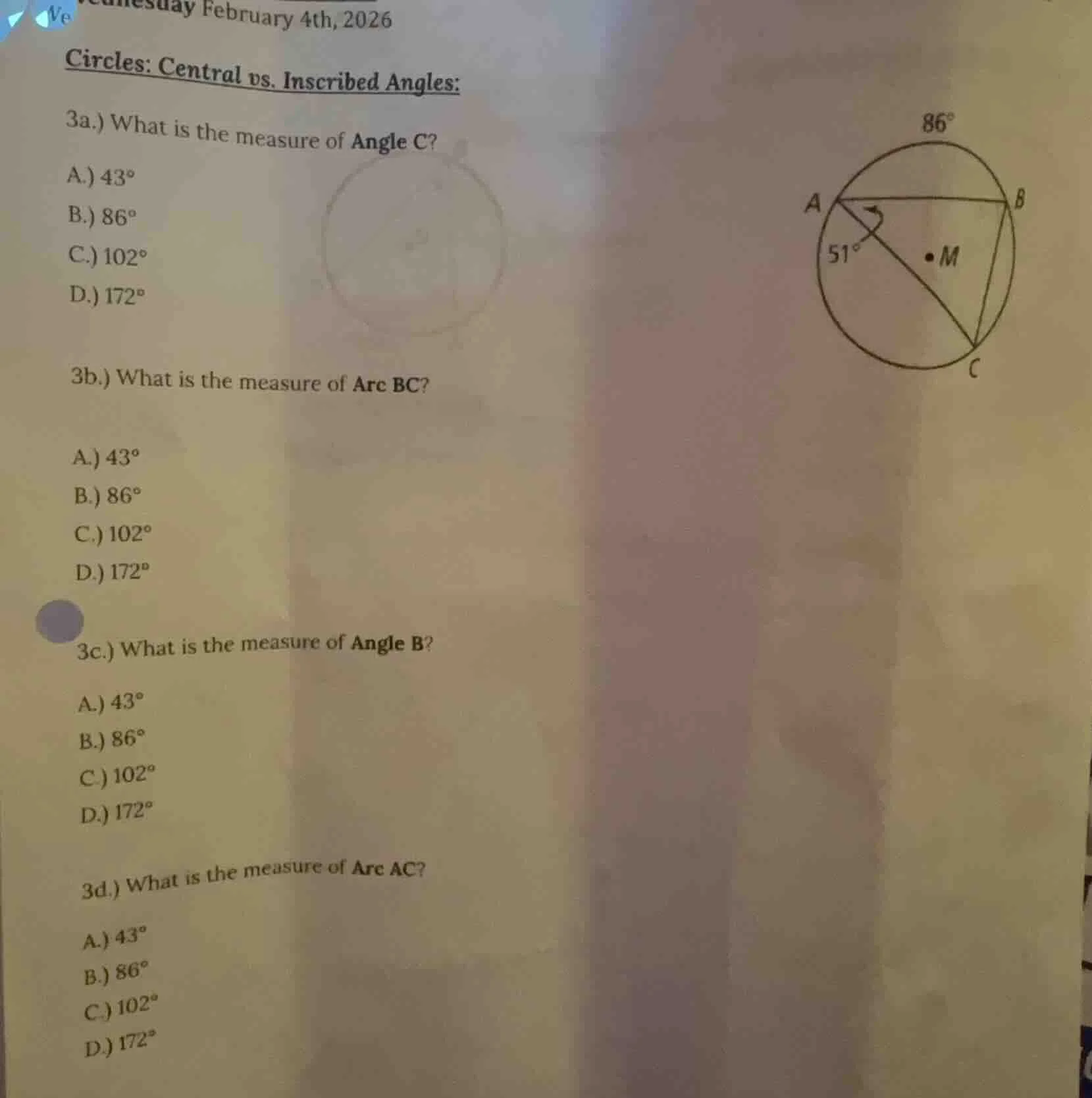 uesday february 4th, 2026 circles: central vs. inscribed angles: 3a.) w…