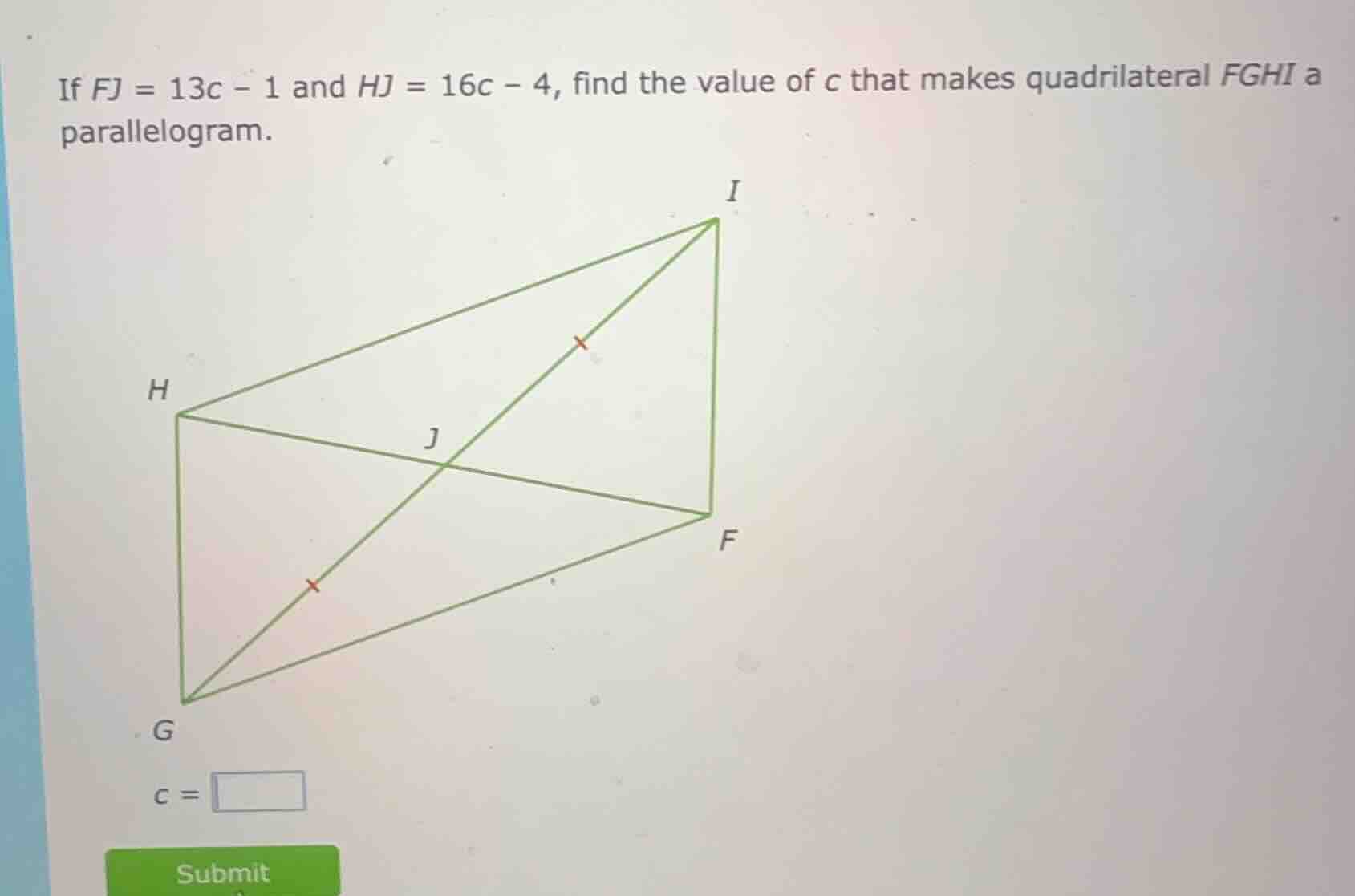 if fj = 13c - 1 and hj = 16c - 4, find the value of c that makes quadri…
