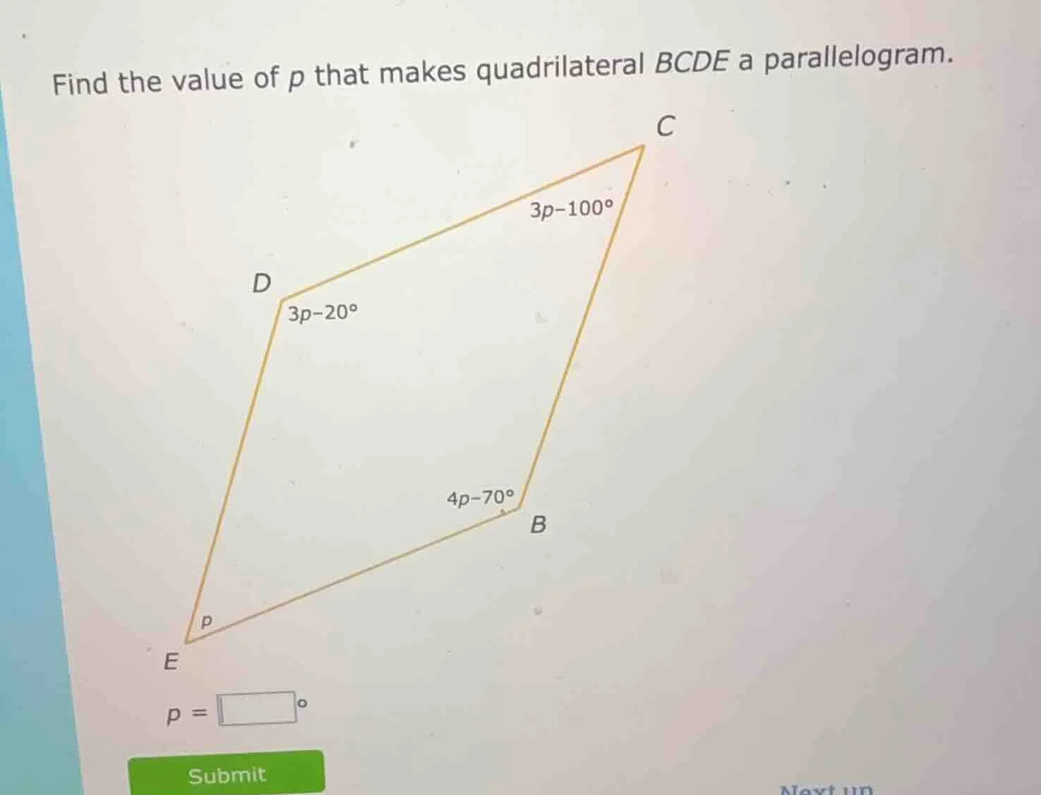 find the value of p that makes quadrilateral bcde a parallelogram. p = …
