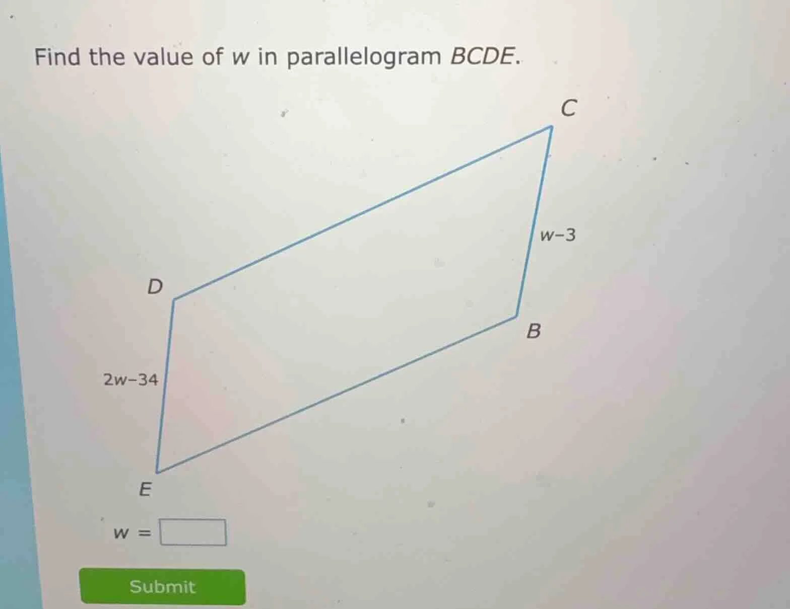 find the value of w in parallelogram bcde. w = submit