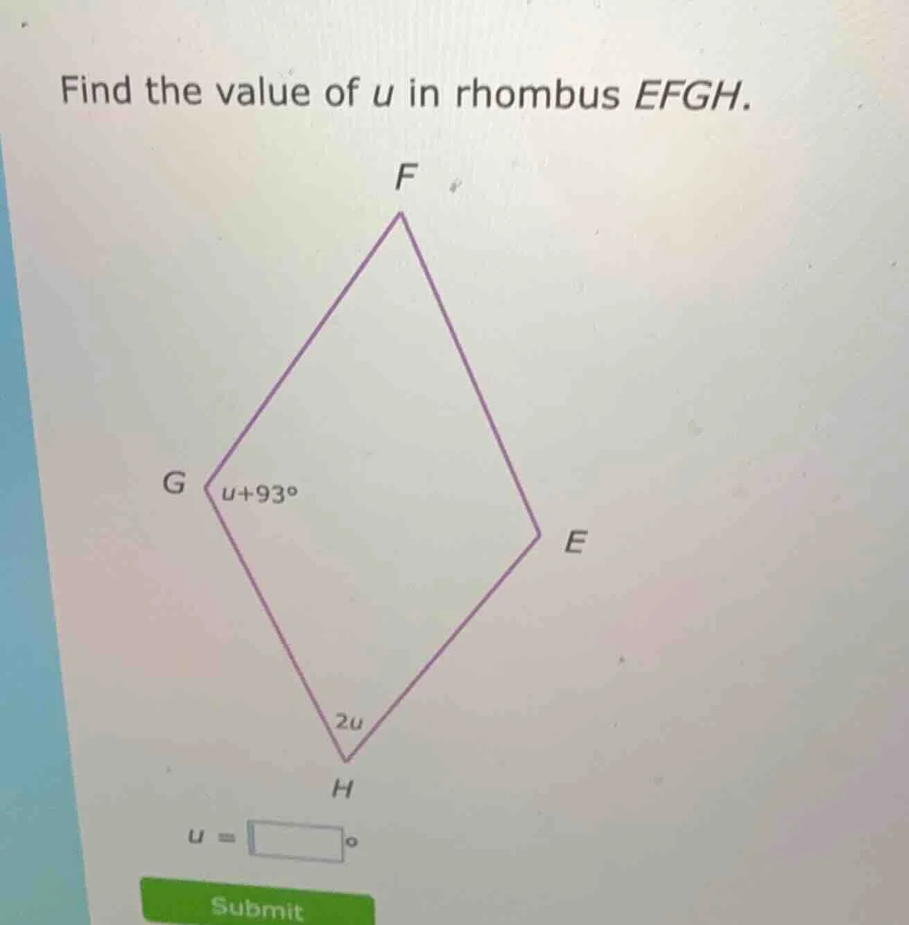 find the value of u in rhombus efgh. u = \\boxed{\\circ}