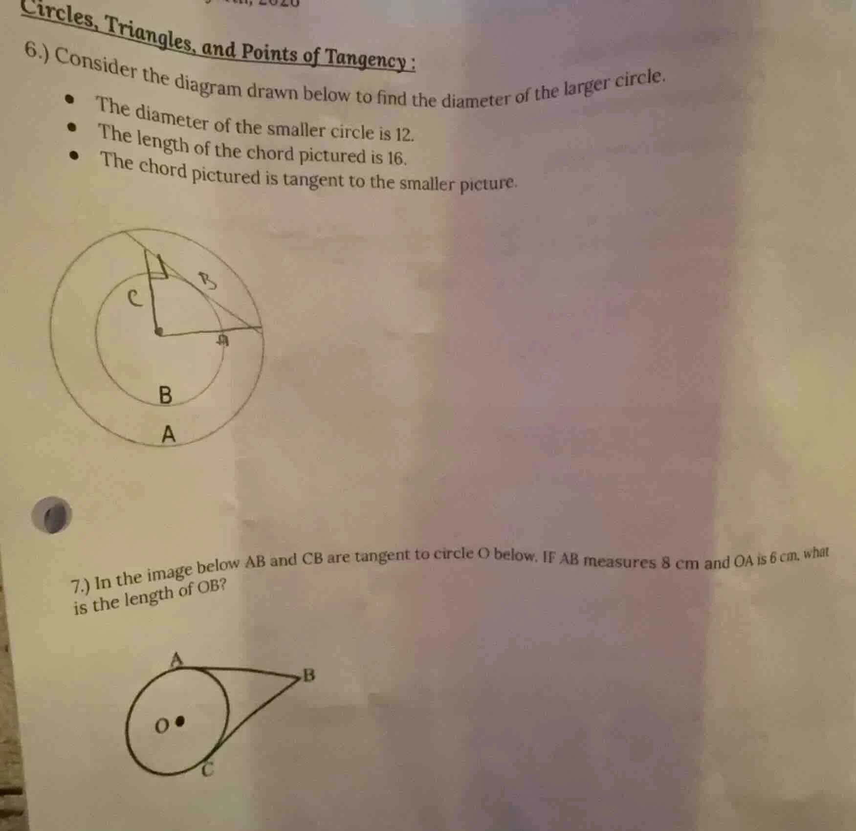 circles, triangles, and points of tangency : 6.) consider the diagram d…