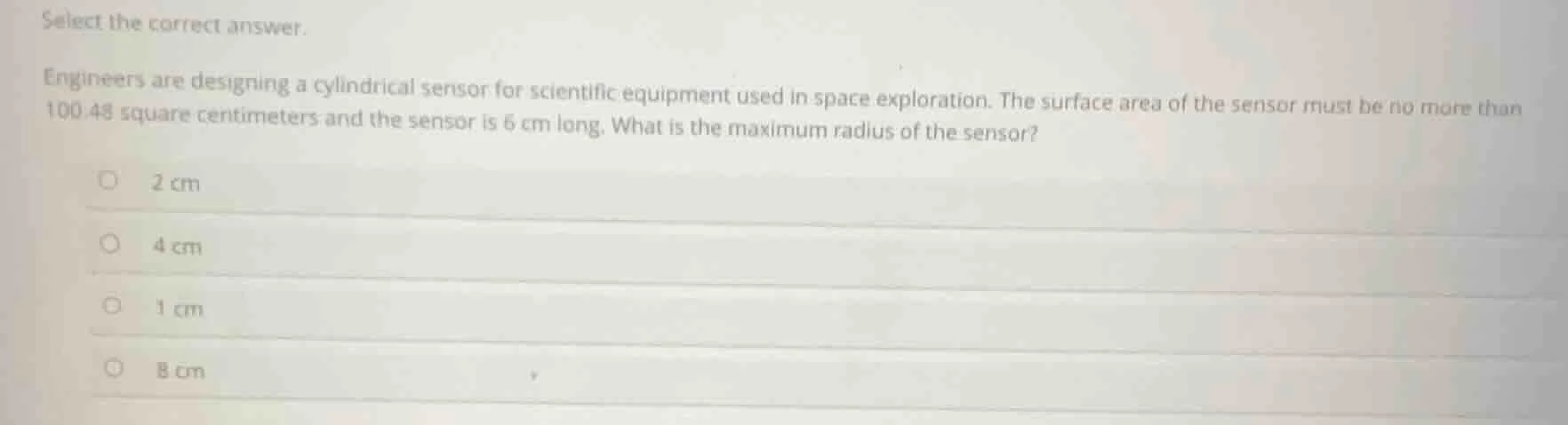 select the correct answer. engineers are designing a cylindrical sensor…