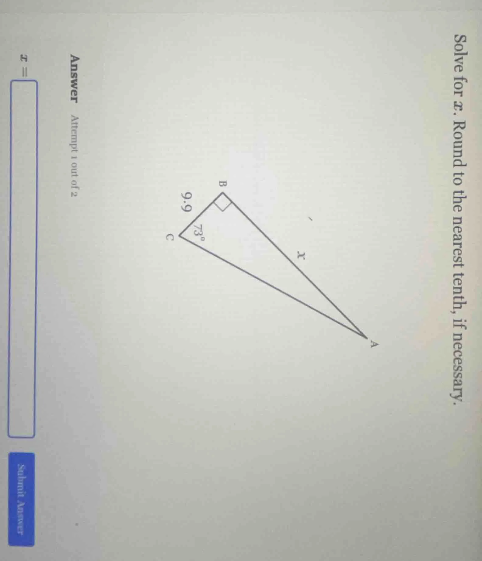 solve for x. round to the nearest tenth, if necessary. answer attempt 1…