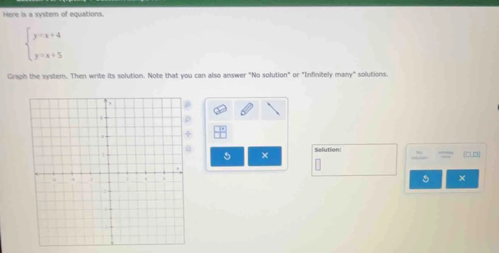 here is a system of equations. \\begin{cases} y = x + 4 \\\\ y = x + 5 …