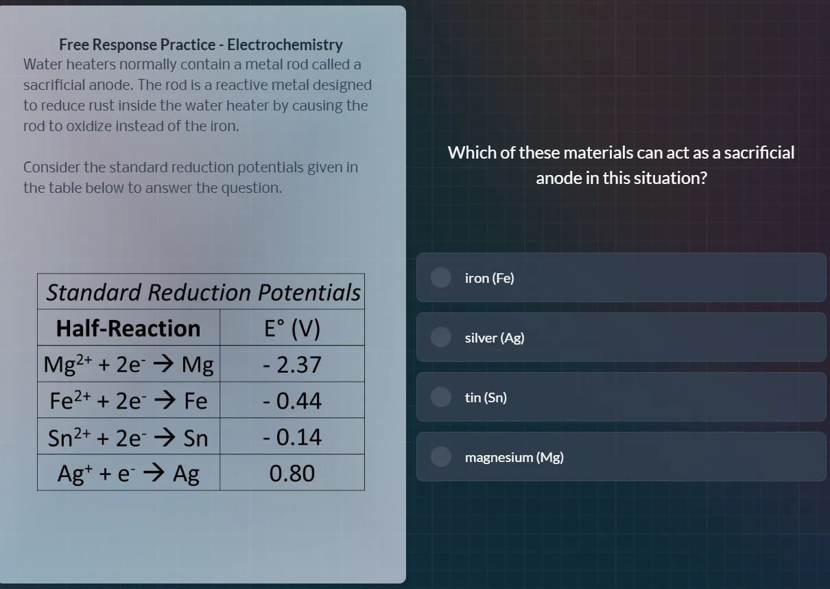 free response practice - electrochemistry water heaters normally contai…