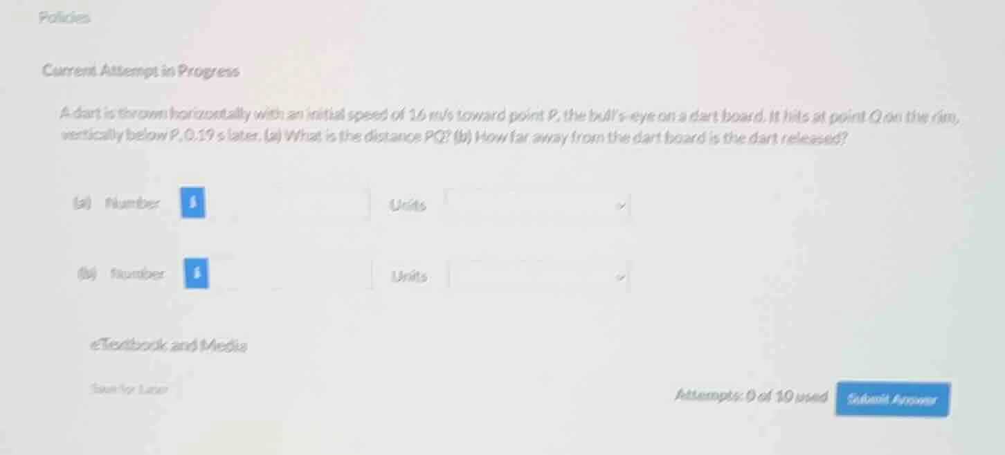 a dart is thrown horizontally with an initial speed of 16 m/s toward po…