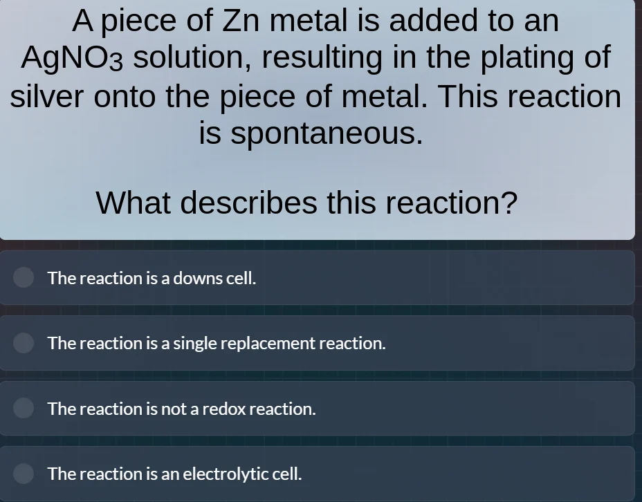 a piece of zn metal is added to an agno₃ solution, resulting in the pla…
