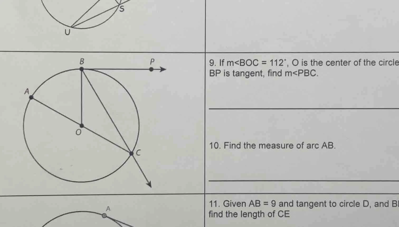 9. if m∠boc = 112°, o is the center of the circle bp is tangent, find m…