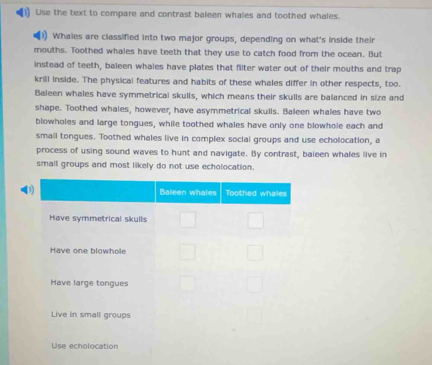 use the text to compare and contrast baleen whales and toothed whales. …