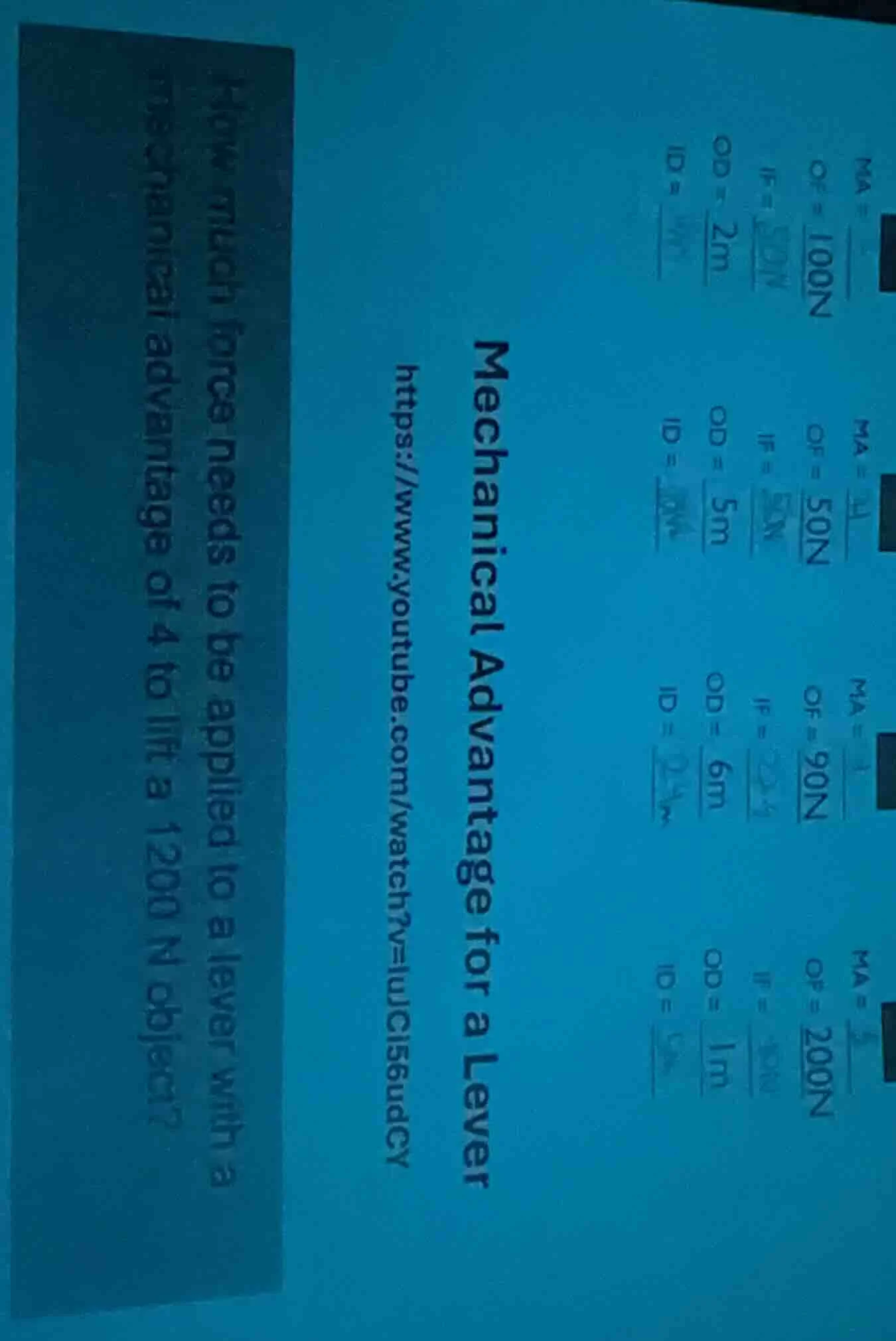 mechanical advantage for a lever https://www.youtube.com/watch?v=lujc15…