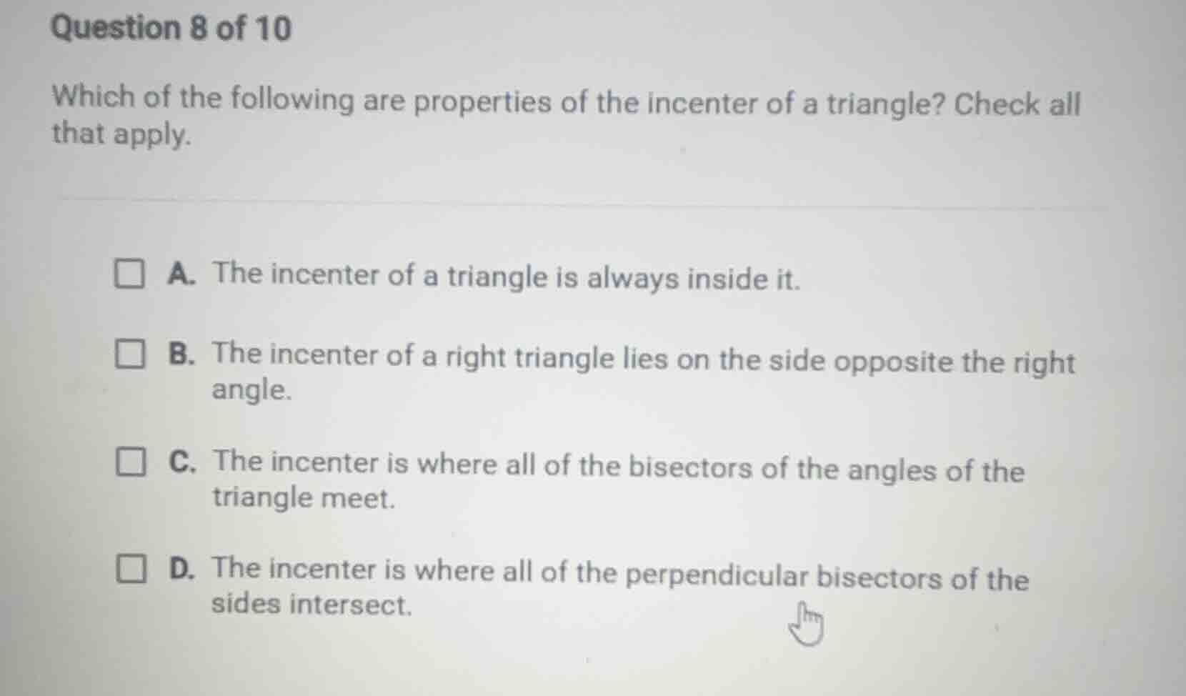 question 8 of 10 which of the following are properties of the incenter …