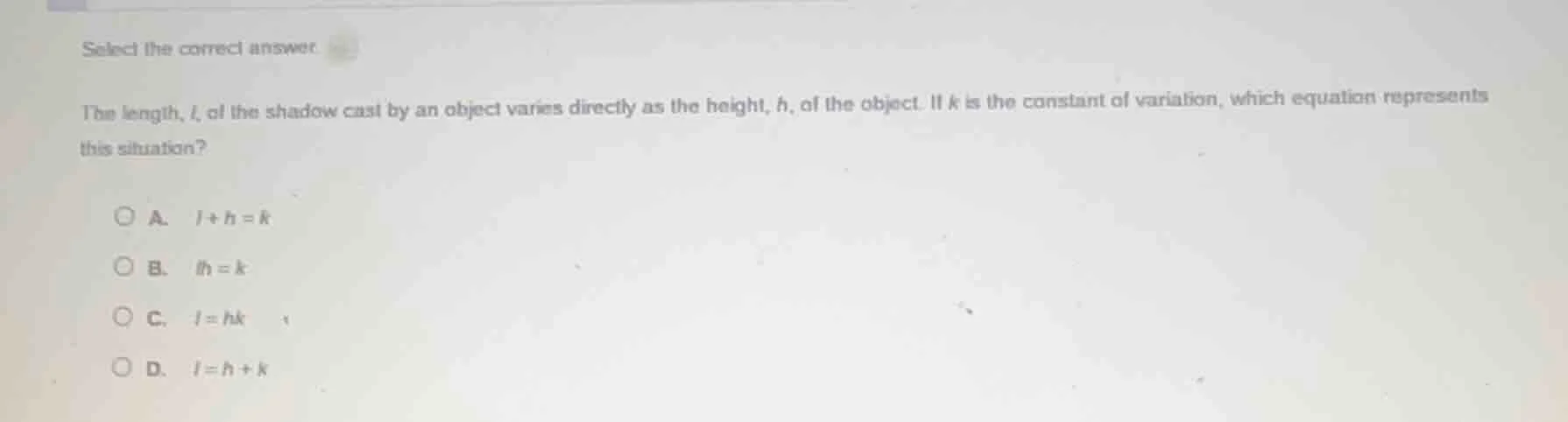 select the correct answer the length, ( l ), of the shadow cast by an o…
