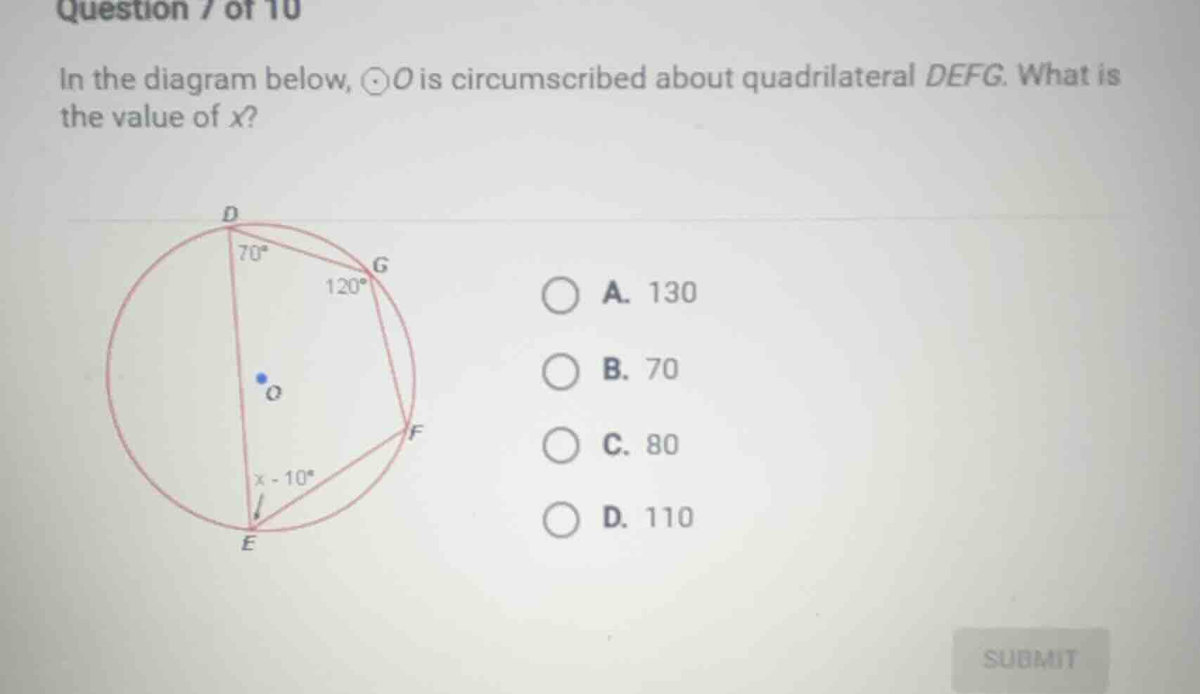 question 7 of 10 in the diagram below, ⊙o is circumscribed about quadri…