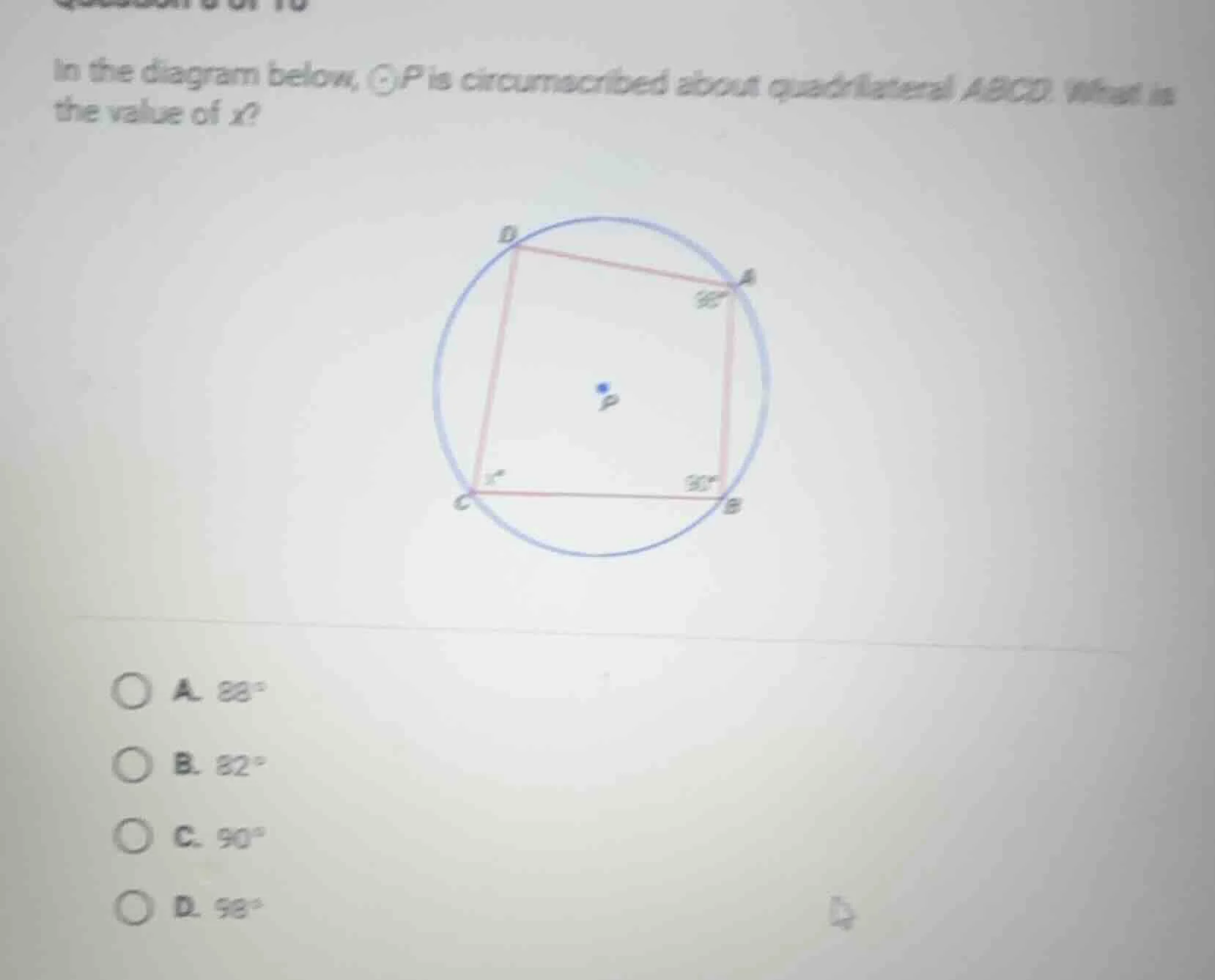 in the diagram below, ⊙p is circumscribed about quadrilateral abcd. wha…