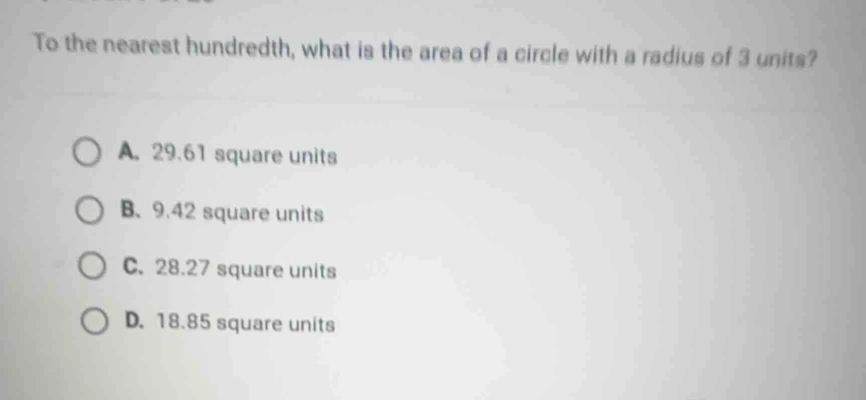 to the nearest hundredth, what is the area of a circle with a radius of…