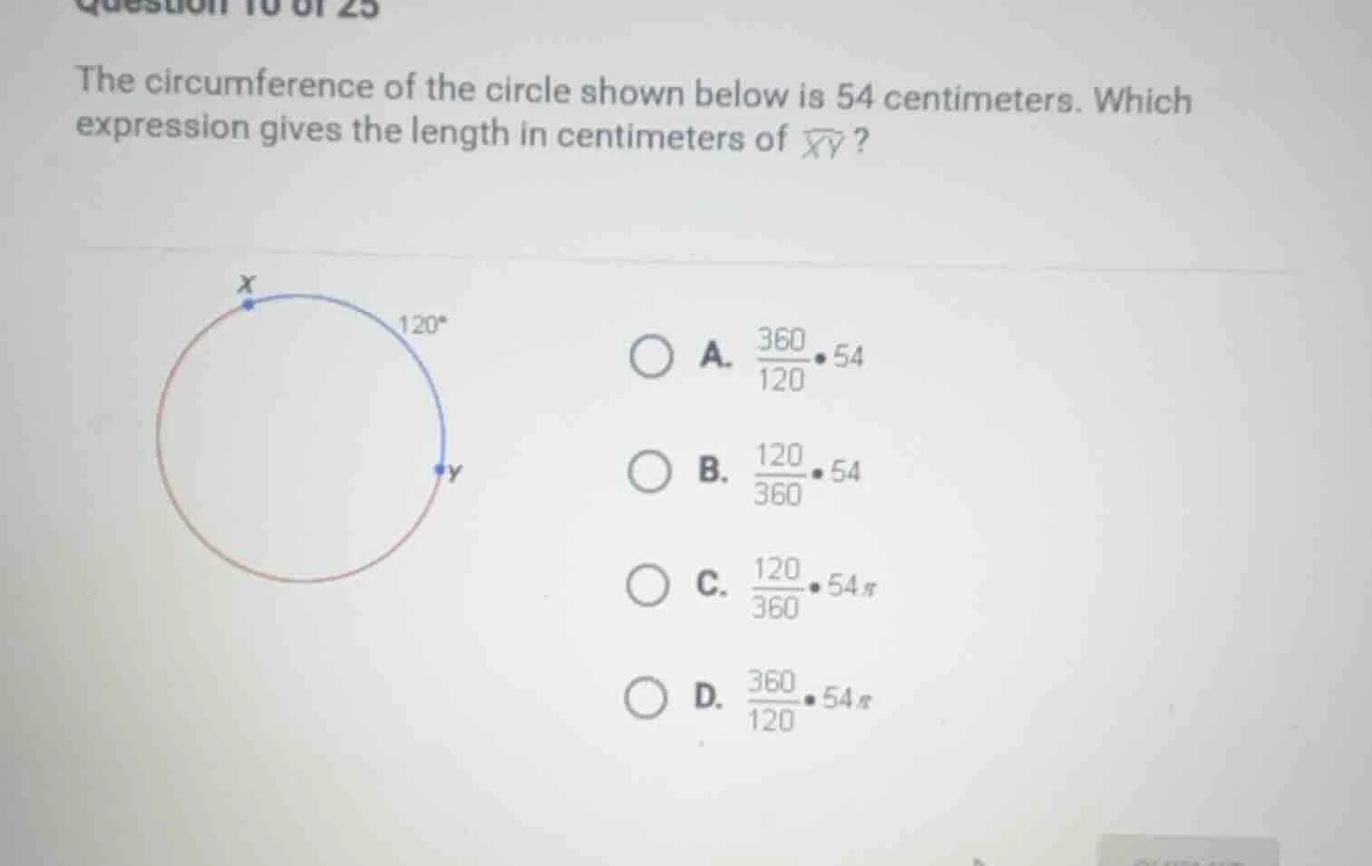 the circumference of the circle shown below is 54 centimeters. which ex…