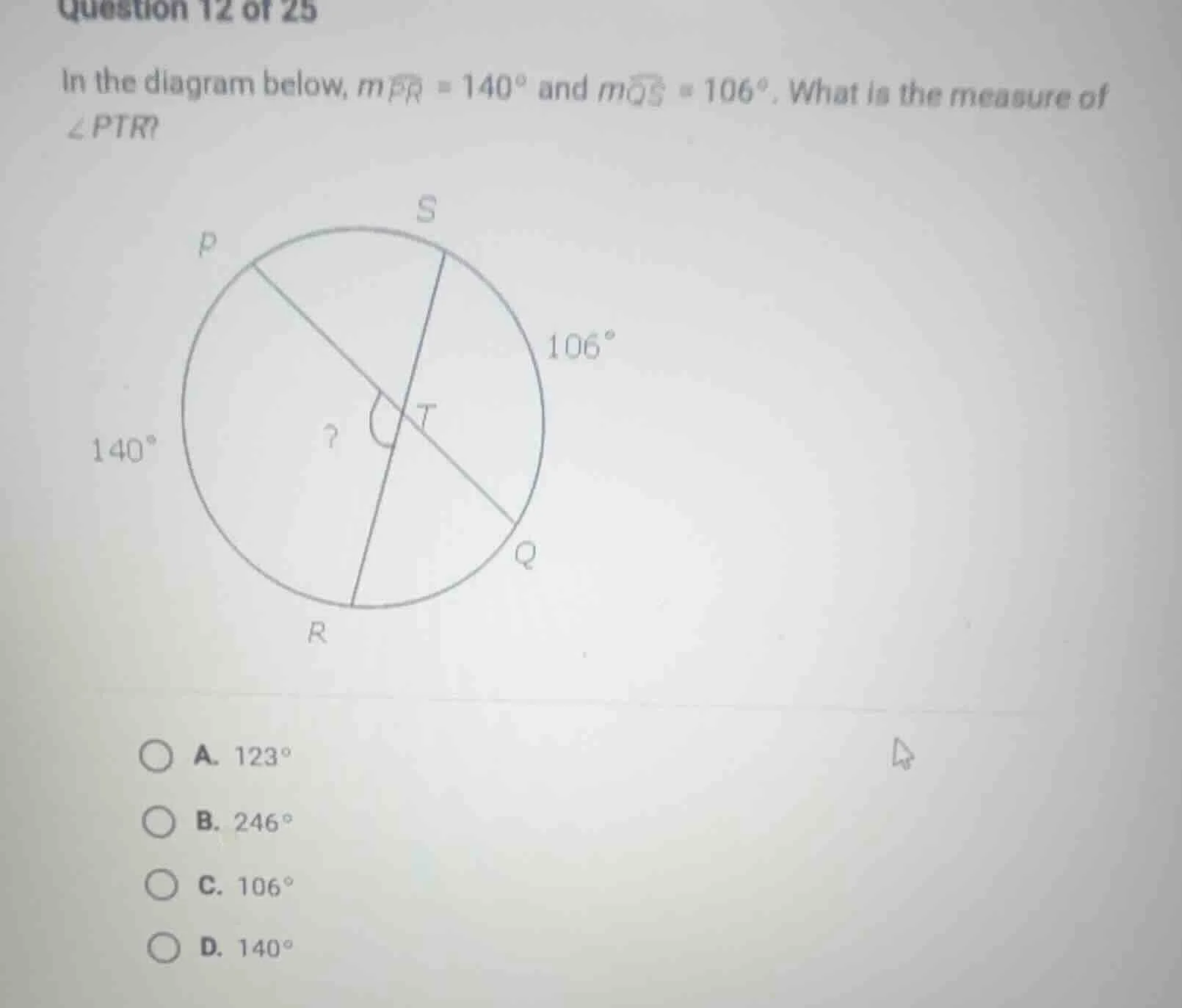 question 12 of 25 in the diagram below, ( moverarc{pr} = 140^circ ) and…