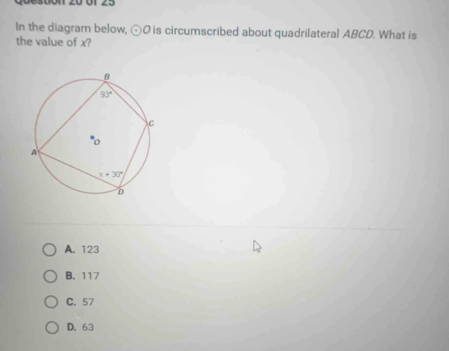 question 20 of 25 in the diagram below, ⊙o is circumscribed about quadr…