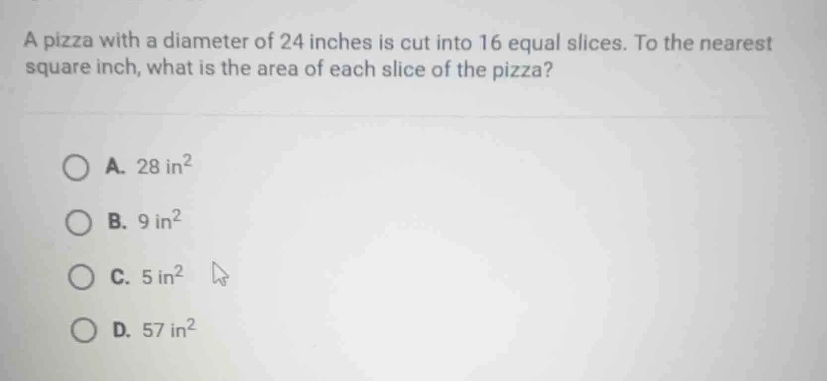 a pizza with a diameter of 24 inches is cut into 16 equal slices. to th…