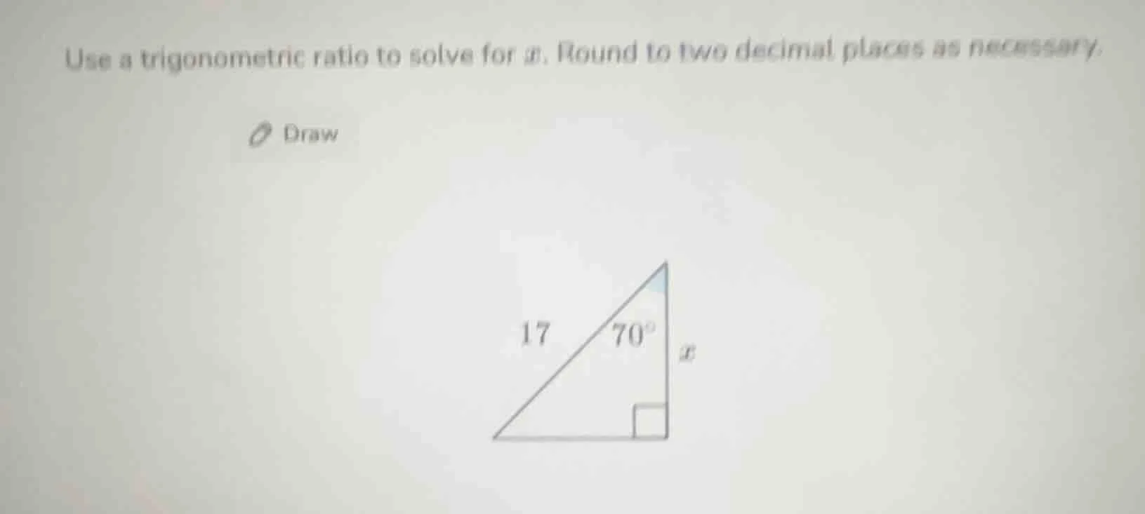 use a trigonometric ratio to solve for ( x ). round to two decimal plac…