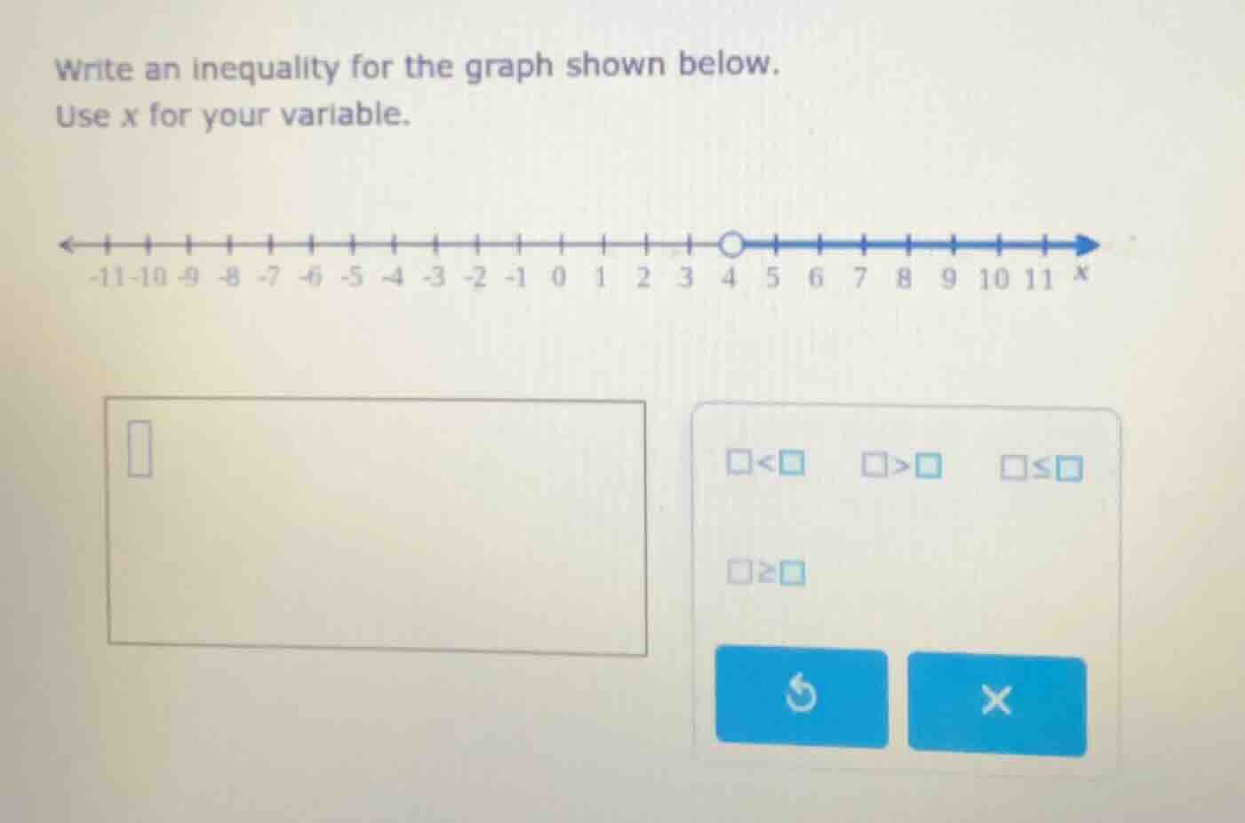 write an inequality for the graph shown below. use x for your variable.