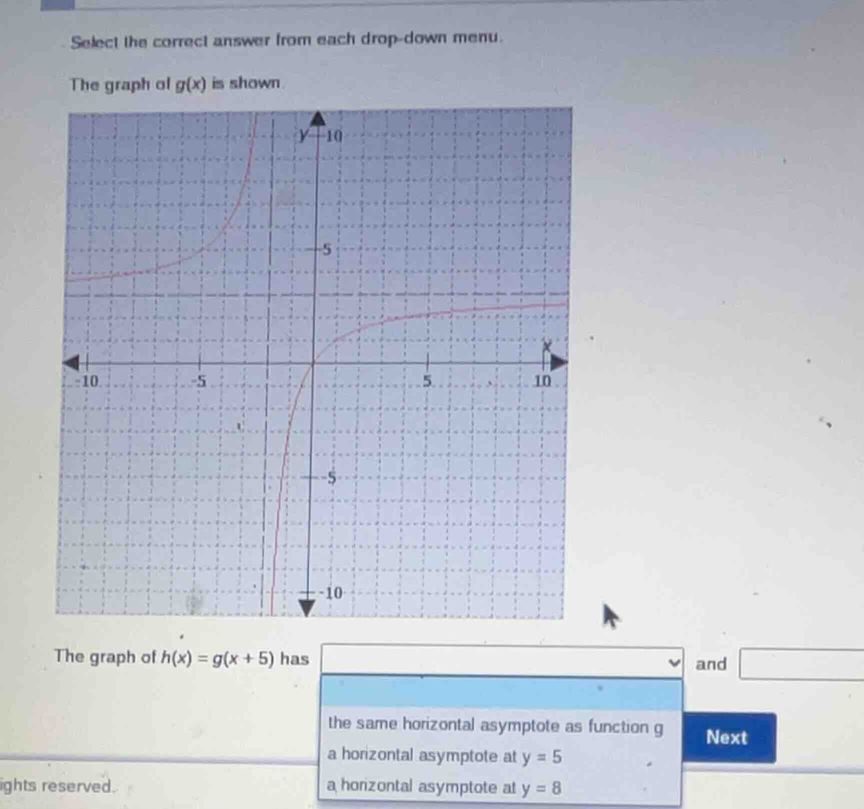 select the correct answer from each drop - down menu. the graph of g(x)…
